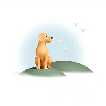 A yellow Labrador, sitting on a grassy hill, is gazing into the distance with its ears perked up. The dog has a shiny coat and a friendly expression. Surrounding the Labrador, several small birds are flying in a scattered formation against a clear blue sky. The sun casts soft shadows on the ground, highlighting the contours of the hill and the Labrador's silhouette.