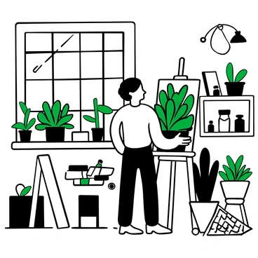 An artist standing at an easel, focused on painting a still life composition featuring multiple basil plants in various pots. The studio is cluttered with art supplies, including paintbrushes, tubes of paint, and palettes scattered across a nearby table. Sunlight streams through a large window, casting patterned shadows on the wooden floor and illuminating the green leaves of the basil plants. In the background, shelves filled with jars and canvases add to the creative atmosphere of the space.