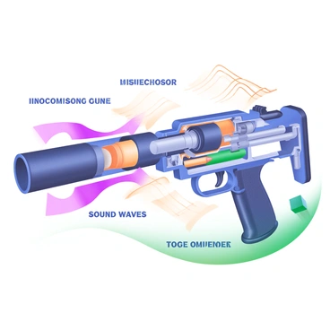 An illustration showcasing the internal dynamics of a silenced gun. The image features a detailed cross-section of the gun, highlighting its internal components such as the barrel, suppressor, and firing mechanism. The suppressor is prominently displayed with arrows indicating the path of escaping gases. Surrounding the gun are visual representations of sound waves depicted as wavy lines being absorbed, showcasing the concept of sound suppression. Each part is labeled clearly with technical terms, allowing for easy understanding of the mechanics involved.