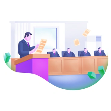 A courtroom scene featuring a lawyer standing confidently at a wooden podium. The lawyer is dressed in a dark suit, passionately gesturing with one hand while holding a stack of documents in the other. In front of the lawyer, there are three judges seated behind a raised bench, each wearing black robes and focused on the proceedings. The courtroom is filled with wooden paneling, and there are rows of empty chairs on either side. A large window allows light to fill the space, casting shadows on the floor.