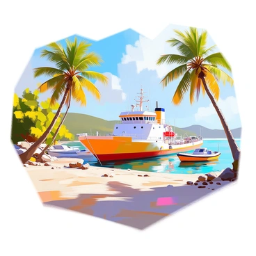 An oil barge is docked at a small tropical harbor, its hull glistening under the sunlight. The harbor is framed by lush green palm trees swaying gently in the breeze. The water is a clear turquoise, reflecting the vibrant colors of the scene. The shore features a sandy beach with a few scattered seashells and small rocks. A couple of fishing boats are moored nearby, their brightly colored hulls contrasting with the barge. In the background, a gradual slope of green hills can be seen, adding to the tropical ambiance.