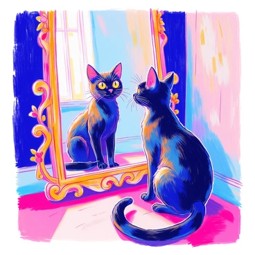 A black cat with shiny fur is sitting in front of an ornate mirror. Its eyes are wide open, reflecting curiosity as it stares at its own image. The mirror frame is intricately designed with floral patterns and curved edges, adding an elegant touch to the scene. The background features a softly lit room with subtle shadows, enhancing the focus on the cat and the mirror. The cat's tail is slightly curled, and its ears are perked up, indicating its interest in the reflection.
