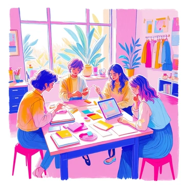 A group of illustrators and designers is gathered in a bright, spacious studio filled with natural light. The scene features four individuals engaged in discussions over sketches and fabric swatches laid out on a large table. One illustrator, a woman with short curly hair, is holding a sketchpad and demonstrating her ideas. A designer, a man wearing a patterned shirt, is pointing to a colorful fabric pinned to a mood board on the wall. Another designer, a woman with long straight hair, is reviewing a digital tablet displaying fashion designs. The atmosphere is lively, with scattered art supplies and inspirational artwork adorning the walls. A large window reveals a view of greenery outside.