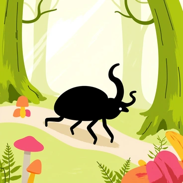 A "Hercules beetle" with a shiny, black body and large, curved horns is wandering across a forest floor. The surrounding environment features "tall, lush green trees" with thick trunks and branches, partially obscured by "soft, swirling mist" that adds a magical feel to the scene. Sprinkled throughout the forest floor, there are "brightly colored mushrooms" in shades of red and orange, along with "delicate ferns" that create a lush undergrowth. In the background, "dappled light" filters through the trees, illuminating the beetle's path with a gentle glow.