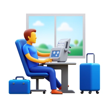 A patient seated in a comfortable travel chair, using a mobile hemodialysis machine. The machine is compact and features various dials and screens. The patient is wearing casual travel clothing, with a focused expression as they monitor the device. Surrounding the patient are elements indicative of travel, such as a suitcase and a window showing a blurred landscape outside. The atmosphere conveys a sense of mobility and self-sufficiency.