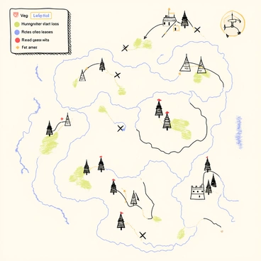 A hand-drawn strategy game map featuring a detailed layout. The map includes winding roads and trails marked in dark ink, connecting various points. There are distinct outposts represented by small fort-like structures with flags fluttering atop them. Battle zones are clearly indicated by crossed swords and shield icons scattered throughout the map. Different terrains such as forests, mountains, and rivers are illustrated with textured shading, adding depth to the landscape. The legend is included in one corner, explaining the symbols used throughout the map.