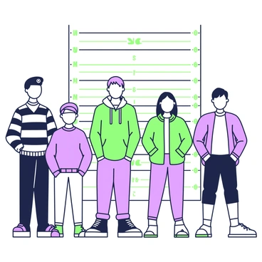 A lineup of four suspects is standing in front of a height chart at a police station. The height chart displays various measurement markers in a vertical orientation. Each suspect is of different heights, with the tallest on the far left and the shortest on the far right. The first suspect is wearing a striped shirt and has a serious expression. The second suspect is dressed in a solid-colored hoodie and has their hands in their pockets. The third suspect is wearing a leather jacket and is looking directly at the camera, while the last suspect is in a t-shirt and has a nervous demeanor. A uniformed officer stands to the side, observing the lineup.