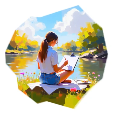 An artist sitting by a river, sketching the landscape on a sunny day.