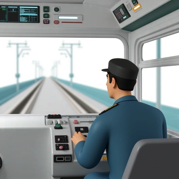 A metro train driver, wearing a navy blue uniform and a black cap, is intently focused on operating the controls inside the train cabin. The cabin is filled with various switches, levers, and screens displaying information. The driver’s hands are positioned on the control panel as he looks through the large front windshield, which shows a view of the tracks ahead. The cabin is bright with overhead lights, and a digital display shows the train's speed and route information. The driver has a serious expression, reflecting his concentration on the task at hand.