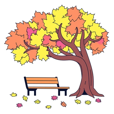 A park bench made of wooden slats and metal legs is placed under a large oak tree with a thick trunk and sprawling branches. The leaves of the tree have turned vibrant shades of orange, yellow, and red, creating a colorful canopy. The ground around the bench is covered in a layer of fallen leaves in various autumn hues. Sunlight filters through the branches, casting dappled shadows on the bench and the ground.
