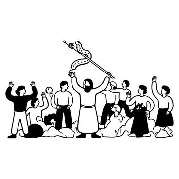 Moses using his staff to transform it into a snake in front of a group of amazed onlookers