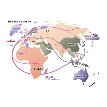 A digital flat illustration of a detailed map showcasing a complex web of trade routes connecting various countries. The map features multiple countries in different colors, with their borders clearly outlined. Each country is marked with its name in a bold font. The trade routes are represented by vibrant lines of different colors, crisscrossing across the map, indicating connections between the countries. Icons such as ships, planes, and trucks are scattered along the routes, symbolizing various modes of transportation. Small arrows illustrate the direction of trade flows. There are also symbols representing commodities like wheat, oil, and electronics at strategic points on the map.
