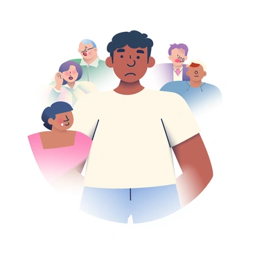 A character with medium skin is standing with a concerned expression on their face. They have short black hair and are wearing a simple white t-shirt. Surrounding the character, several small, shadowy figures, each with exaggerated features, are leaning in closely and whispering. The figures have varied appearances with distinct outfits, such as a suit, a dress, and casual wear, representing different perspectives. Their mouths are open, conveying the act of whispering. The background is softly blurred, emphasizing the character and the surrounding figures, highlighting the theme of external pressures.