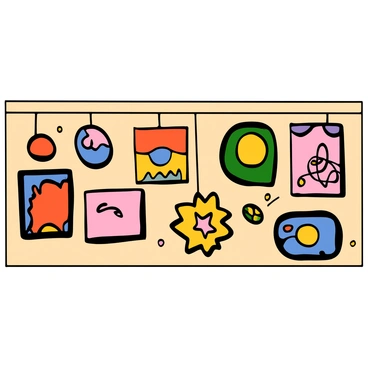 A gallery wall displaying paintings that are not in standard rectangular shapes, each unique.