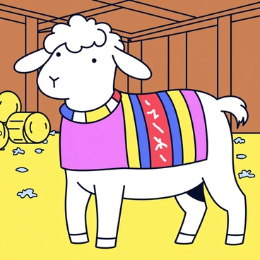 A goat with white fur stands inside a rustic barn. The goat is wearing a cozy, colorful knitted sweater that has patterns of red, blue, and yellow. The background features wooden beams and straw scattered on the ground, creating a warm atmosphere. A few hay bales are visible in the corner of the barn, enhancing the rustic feel of the scene.