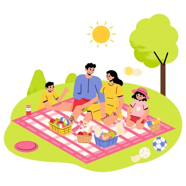 A cheerful family sitting on a large, colorful picnic blanket spread out on a green grass field in a sunny park. The family members include a father with a blue shirt, a mother with a yellow dress, a boy wearing red shorts, and a girl in a pink sun hat. There are baskets filled with fruits, sandwiches, and drinks placed around the blanket. A red and white checkered tablecloth covers part of the blanket. Trees in the background provide shade while a bright sun shines overhead, casting cheerful shadows. A frisbee and a soccer ball are nearby, adding a playful element to the scene.