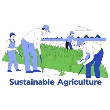 Farmers are working in a field featuring cover crops. The farmers are dressed in practical clothing and are engaged in planting and tending to the crops. The cover crops are lush and green, growing close to the ground. In the background, there are rows of crops and a clear sky above. The scene captures the farmers' focus on sustainable practices and the importance of the environment. "Sustainable agriculture" is written prominently in the foreground, emphasizing the theme of environmental stewardship.