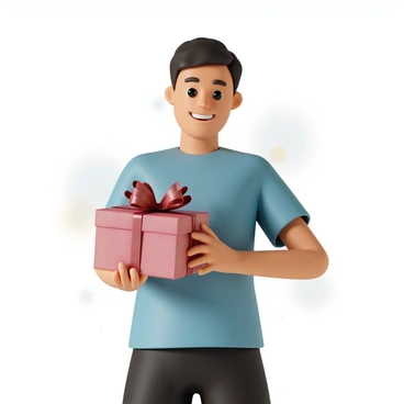 A person, wearing a blue shirt and black pants, is holding a wrapped anniversary gift in their hands. The gift is elegantly wrapped in shiny red paper and is adorned with a large, decorative bow on top. The person has a warm smile on their face, and their eyes are sparkling with excitement. The background is softly blurred, emphasizing the gift and the individual showcasing it.