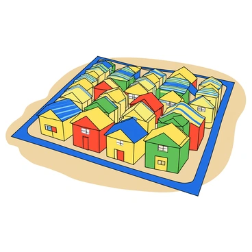 A large beach towel spread out on the sand, featuring a vibrant pattern of many colorful beach huts. Each beach hut has its own unique stripes in various colors like blue, yellow, green, and red. The huts are illustrated in a playful manner with details such as small windows and doors. The towel's edges are a solid color, enhancing the lively design of the beach huts. The sand underneath the towel is a light beige color, complementing the bright hues of the huts above.