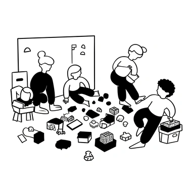A group of children playing with various toys on the floor of a well-lit bunker. The children are engaged with a colorful assortment of building blocks, dolls, and toy cars scattered around them. There are faint shadows on the walls, suggesting the structure of the bunker. A small table nearby holds a board game, and a few books are stacked on the side. Bright light filters through a small window, illuminating the scene.