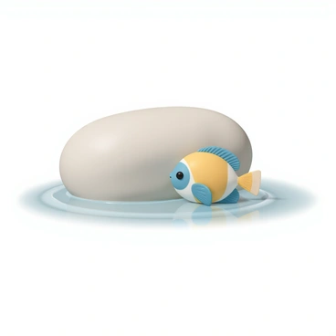 A puffer fish, with vibrant yellow and blue markings, is positioned in front of a smooth, still rock. The fish has its fins slightly spread, showcasing its rounded body as it gazes intently at its own reflection on the glossy surface of the rock. The surrounding water is clear, allowing for a detailed view of the puffer fish's texture and colors. Soft ripples can be seen around the edges of the rock, contrasting with its still surface.