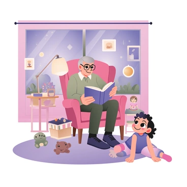 A grandparent sitting in a cozy armchair, holding an open storybook. The grandparent has gray hair and is wearing reading glasses, with a warm smile on their face. The grandchild, a young child with curly hair, is sitting close on the floor, looking up with wide eyes filled with curiosity. A small bedside lamp casts a soft glow around them. The room is decorated with colorful illustrations on the walls, and stuffed animals are scattered on a nearby rug. A large window reveals a starry night sky, adding to the bedtime atmosphere.