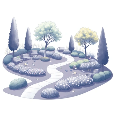 A botanical garden filled with various plant species, each reflecting the characteristics of the seasons. In the center, a winding pathway made of stone leads visitors through the garden. On one side, rows of flowering plants bloom vibrantly, indicating spring. On the opposite side, tall trees display rich green leaves, symbolizing summer. As the scene progresses, some trees begin to show hints of yellow and orange foliage, representing autumn. Towards the end of the garden, bare branches and evergreen shrubs are evident, illustrating winter. Along the pathway, small benches are placed for relaxation, and nearby, a small pond is visible, with lily pads floating on the surface. Small wildlife, such as birds and butterflies, can be seen interacting within the garden.