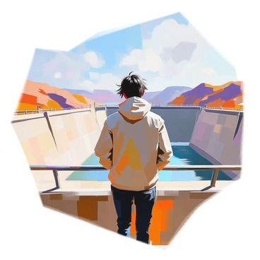 A solitary person is standing on top of a large dam, gazing out over the vast expanse of water below. The individual is dressed in a weathered jacket and has their hair tousled by a gentle breeze. The dam's structure is prominent, with concrete walls and a railing along the edge. The water stretches out endlessly, reflecting the sky, which is dotted with soft clouds. The sunlight glimmers on the surface, creating a shimmering effect. In the distance, the landscape rises with rolling hills, providing a sense of depth to the scene.