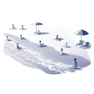 A beach scene with fine, white sand stretching along the shore. Several figures are placed throughout the scene, some lying on colorful beach towels and others sitting in beach chairs, basking in the warmth of the sun. A few people are playing in the gentle waves, splashing water around them. There are beach umbrellas scattered across the sand, providing shade for some. The sky above is clear, enhancing the bright atmosphere of the setting.
