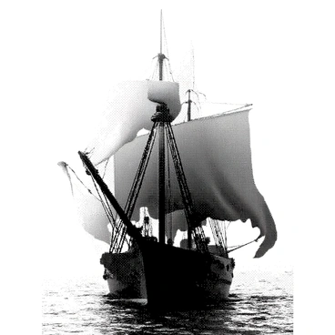 A ghostly ship is sailing through foggy waters. The ship has tattered sails that are billowing in the wind. Its hull is partially obscured by the thick fog that surrounds it, creating an eerie atmosphere. The water is calm, with gentle ripples reflecting the ghostly shape of the ship. The scene captures the essence of mystery and the unknown.