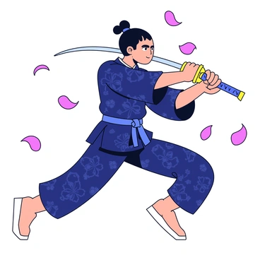 A samurai warrior is in a dynamic battle stance, wearing a traditional dark blue kimono with intricate patterns. The samurai holds a katana with an ornate hilt, poised for action. His expression is focused, and his hair is tied back into a topknot. The warrior's stance is wide, with one foot forward, and he leans slightly to one side as if ready to strike. The background includes a stylized depiction of cherry blossom petals falling around him, emphasizing the intensity of the moment.
