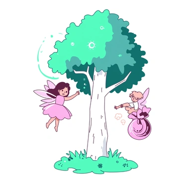 Two small tooth fairies with translucent wings are fluttering around a magical tree. The tree has a smooth white trunk and vibrant teal leaves that shimmer in the light. The fairies are wearing delicate dresses made of soft, pastel-colored fabrics. One fairy is gently picking a sparkling tooth from a branch, while the other is holding a small, ornate pouch made of shiny fabric to collect the teeth. Glowing orbs of light float around the tree, creating a whimsical atmosphere. The ground below is covered with soft, green grass, dotted with tiny flowers.