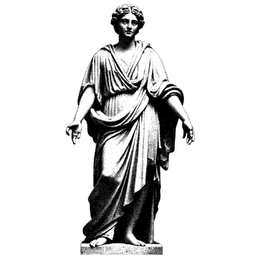 An engraved depiction features a classical Roman sculpture, showcasing a figure draped in flowing robes that cascade gracefully around the body. The texture of the robes is intricate, with folds and creases that suggest movement and depth. The figure's posture is dignified, with a serene expression and an outstretched hand, as if in the act of addressing an audience. The surface of the sculpture is detailed, capturing the artistry of the engraver and the traditional motifs of Roman design.