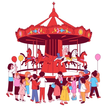 A red vintage carousel spins gracefully, showcasing intricately painted horses in vibrant colors. Each horse is adorned with detailed patterns and decorations, capturing the charm of a bygone era. Beneath the carousel, a joyful crowd of children and adults is gathered, their faces lit up with smiles and laughter. Some are holding colorful balloons, while others are capturing the moment with cameras. The scene is filled with excitement as the carousel rides go up and down in a lively motion.
