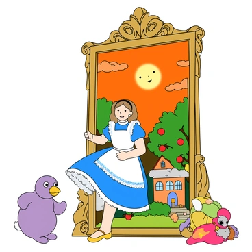 A girl named Alice with light brown hair, wearing a blue dress with white lace trim, is stepping through a large, ornate mirror. The mirror has a decorative golden frame and reflects a whimsical, upside-down world. In this world, the sky is bright orange, and there are floating multicolored clouds. Buildings appear to be upside-down, with their roofs touching the ground and doors facing the sky. Trees have colorful, oversized leaves and bear fruit shaped like stars. A cheerful sun with a smiling face shines brightly in the background, while strange creatures, like a purple rabbit and a green bird with big eyes, are curiously watching Alice as she enters their world.