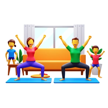 A family of four is doing squats together in a bright living room. The parents are in athletic wear, while the two kids are dressed in colorful t-shirts and shorts. The living room features a cozy couch, a coffee table, and a large window letting in natural light. The kids are laughing and trying to imitate the parents' movements. There are some exercise mats on the floor, and a potted plant is visible in the corner. The atmosphere feels energetic and playful.