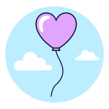 A single "heart-shaped balloon" is floating upward in a "clear blue sky." The balloon is bright and round with a smooth surface, reflecting the sunlight. Below the balloon, there are a few fluffy white clouds scattered across the sky, adding a sense of depth to the scene. The balloon is tethered by a thin string that trails down, disappearing from view.