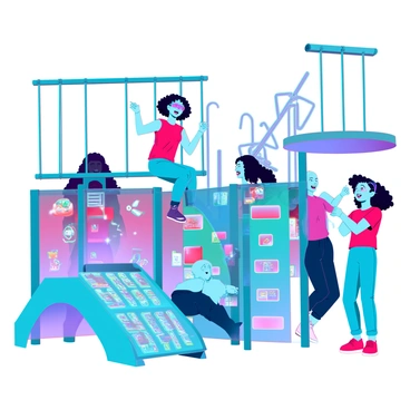 A group of children of diverse ethnicities, including a girl with curly hair and a boy with short hair, are joyfully playing in a high-tech playground. The playground is filled with vibrant, glowing structures and interactive digital features, such as touch-sensitive walls that light up when pressed. There are slides that display animated visuals as children descend, and climbing frames with integrated LED panels showing colorful patterns. Some children are engaged with augmented reality games, wearing lightweight AR headsets that project virtual elements around them. In the background, there are futuristic swings that hover slightly above the ground, showcasing advanced technology. The atmosphere is filled with laughter and excitement as they explore the innovative play equipment.
