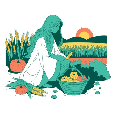 A teal Virgo character with long flowing hair is crouched in a field, carefully picking ripe crops during the autumn harvest. The character is wearing a flowing white robe that billows gently in the breeze. Surrounding them are rows of golden wheat and vibrant orange pumpkins scattered throughout the field. The sun is setting in the background, casting a warm light over the scene. In the Virgo character's hands, there are freshly gathered ears of corn, while a wicker basket filled with harvested produce sits nearby. The atmosphere conveys a sense of dedication and abundance.