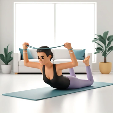 A woman, wearing a black tank top and purple leggings, is performing skull crushers with resistance bands in her living room. She is lying on a yoga mat, with her elbows bent and the bands anchored above her head. The living room is well-lit, with a large window allowing natural light to filter in, illuminating the space. There are indoor plants in the corners of the room, and a cozy couch can be seen in the background. The woman has a focused expression on her face, showcasing her determination as she engages in her workout.