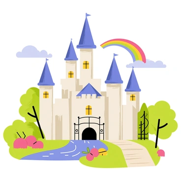 An illustration of a grand, enchanted castle with tall, pointed towers. The castle is surrounded by lush green trees and colorful flowers blooming in the foreground. A sparkling blue river flows nearby, reflecting the castle's shimmering walls. The sky is a bright, cheerful blue, dotted with fluffy white clouds. A rainbow arches gracefully over the castle, adding a magical touch to the scene. The castle doors are large and ornate, with intricate designs carved into them. A whimsical path leads up to the castle's entrance, lined with glowing lanterns.