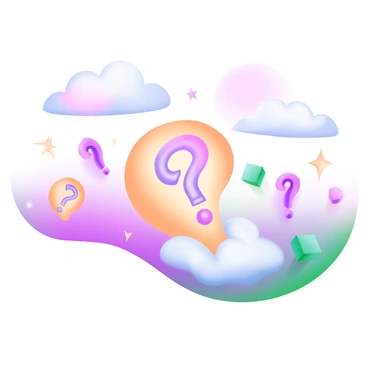 A whimsical dreamscape filled with softly floating question marks in various pastel colors. Surrounding the question marks are fluffy clouds, each with a gentle gradient of pink and blue hues. Scattered throughout the scene are small, twinkling stars, each shining with a subtle glow. The background features a smooth gradient sky transitioning from light lavender at the top to soft peach near the horizon. The overall composition creates a light and airy feeling, inviting exploration of this imaginative realm.