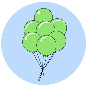 A cluster of round green balloons with a glossy finish. The balloons are tied together with thin, white strings. They are floating upward in a clear blue sky with no clouds. The sunlight reflects off the surface of the balloons, enhancing their vibrant green color.