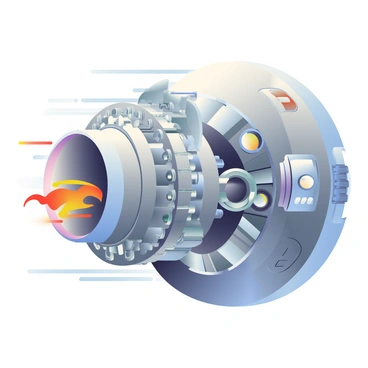 A detailed close-up of an airplane engine in operation is displayed. The engine is metallic gray with intricate mechanical components visible, including turbine blades spinning rapidly. Flames and exhaust gases are emitting from the back of the engine, creating a stark contrast against the shiny metal. Various gauges and sensors are embedded in the engine casing, showcasing a blend of technology and engineering. The background is slightly blurred, emphasizing the complexity and craftsmanship of the engine itself.
