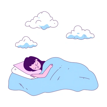 A soft scene featuring fluffy white clouds shaped like various dreams floating gently above a peaceful sleeping person. The person is lying comfortably on a light blue bedspread, with their eyes closed and a serene expression. The clouds are softly illuminated, casting a gentle glow over the figure below. Some clouds resemble whimsical objects, while others appear as abstract forms, creating an imaginative atmosphere in the space.