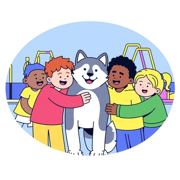 A group of three children is gathered around a friendly husky. The husky has a thick coat of grey and white fur, with bright blue eyes that gleam with excitement. The children, two boys and a girl, are smiling widely as they wrap their arms around the dog. One boy has short brown hair and is wearing a red t-shirt, while the other boy has curly black hair and is dressed in a green hoodie. The girl has long blonde hair tied in a ponytail and is wearing a yellow dress. The playground features colorful swings and a slide in the background, with a clear blue sky above.