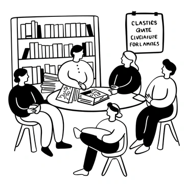 A group of students seated around a large table, each focused on illustrated scenes from a classic novel spread out before them. One student is pointing at a detailed illustration while another is taking notes on a notepad. A stack of various illustrated novels is stacked on one side of the table. Bookshelves filled with literature classics can be seen in the background, with some books leaning against one another. A poster of a famous literary quote hangs on the wall nearby, adding to the classroom ambiance.