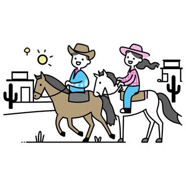 A young boy dressed as a cowboy, wearing a brown hat and a denim vest, is riding a brown horse. He is smiling and holding the reins confidently. Next to him, a young girl dressed as a cowgirl, wearing a pink hat and a plaid shirt, rides a white horse. The scene takes place in a western town with wooden buildings and a dirt road. A few cacti are scattered in the background, and the sun is shining brightly in the clear sky.