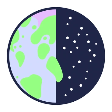 A depiction of the Earth, showing a clear division between day and night. The left half of the globe is illuminated, revealing various landmasses and oceans under bright daylight. The surface features are detailed, including green forests, blue oceans, and sandy deserts. On the right half, the Earth is enveloped in darkness, with twinkling lights representing populated areas and cities. The features are sharp, and the contrast between the bright side and the dark side is striking, showcasing the beauty of the planet's two contrasting states.