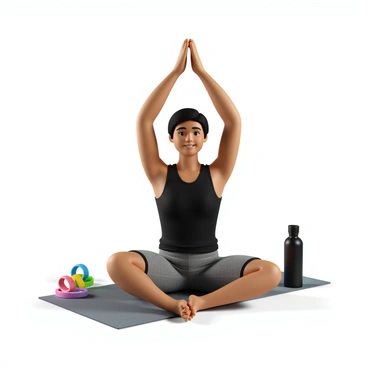 A person with medium skin tone and short hair is sitting on a yoga mat, looking relaxed. They are wearing a fitted black tank top and grey athletic shorts. Their arms are raised above their head, stretching, with a look of satisfaction on their face. Nearby, a set of colorful resistance bands and a water bottle can be seen, indicating their recent workout. The background features soft lighting that highlights the person's relaxed posture, creating a peaceful atmosphere.